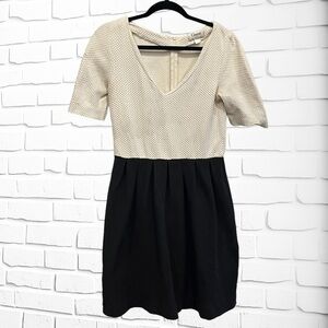 Ganni Colorblock Textured Fit & Flare Short Sleeve Ivory Black Dress Size Large